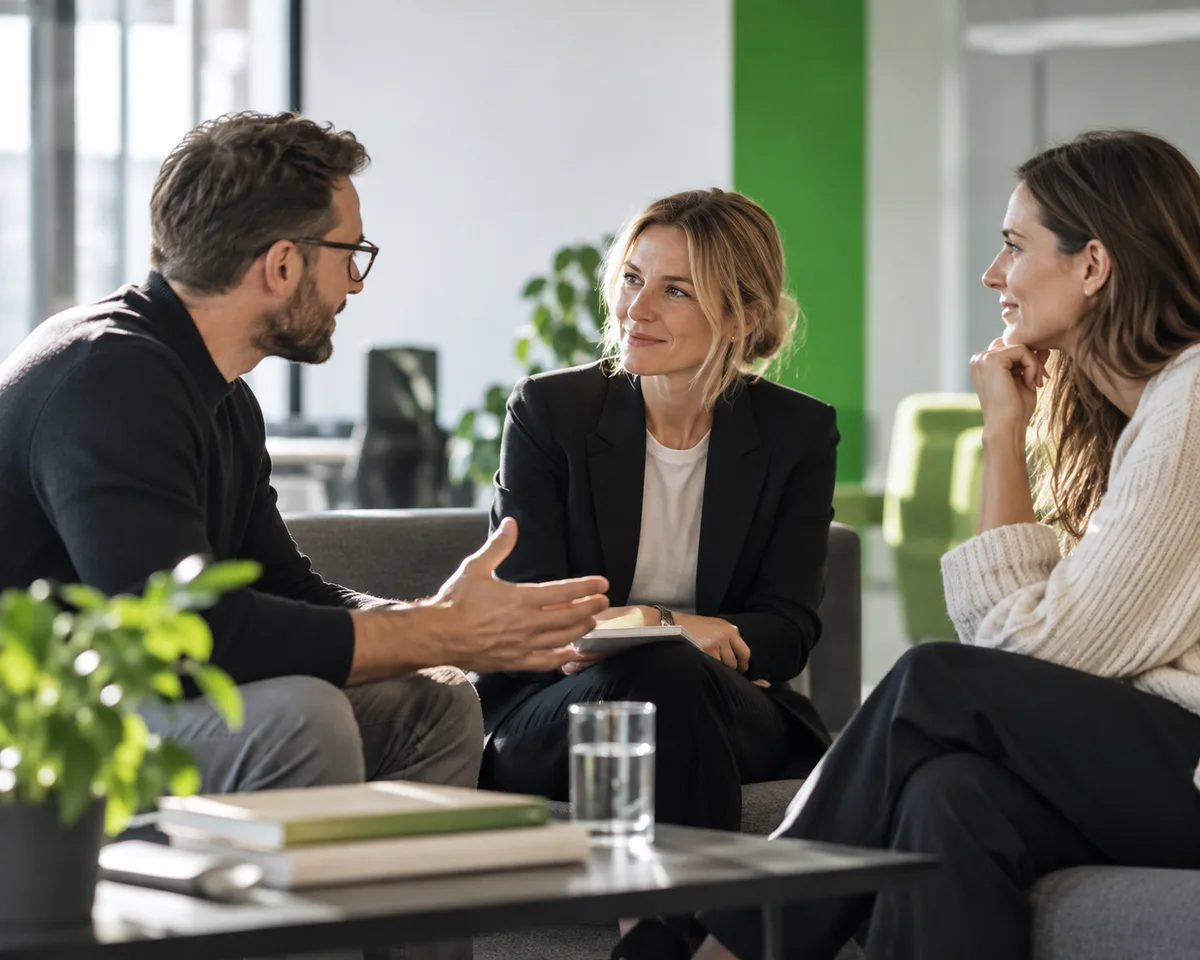Beratungsgespräch zu dritt in einem hellen Büro