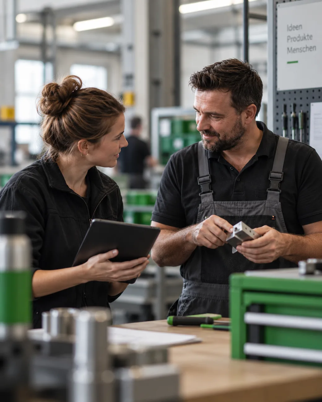 Mitarbeiterin mit Tablet und Mitarbeiter in Arbeitsschürze in der Werkstatt